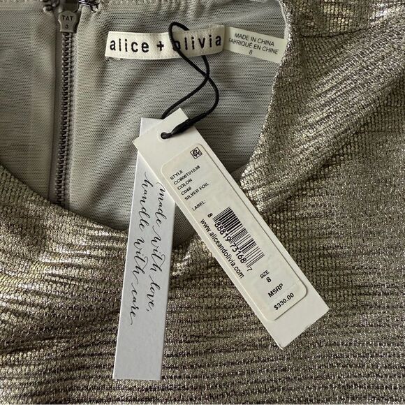 NWT Alice + Olivia Delora Silver Metallic Mini Cocktail Party Dress Size 8 - Picture 7 of 9